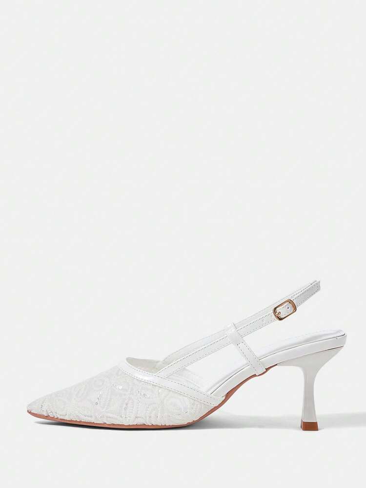 CUCCOO HITCHD Women's Shoes Pointed Mesh White Embroidery Pattern Rhinestone Decorative Rear Strap Fashionable Wear Stiletto High Heel Sandals
