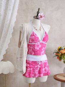 SHEIN Swim Mod 2026春夏大码女式玫红色印花露背上衣搭配短裤和多层半裙，休闲度假沙滩派对泳装套装 - 彩色 - 查看 3