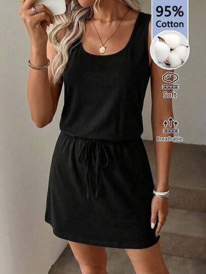 SHEIN LUNE Đầm ngắn 2 trong 1 màu đen phong cách đường phố tối giản, chất liệu cotton, thích hợp cho nữ mùa hè.