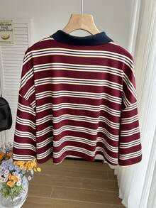 Comfortcana Plus Size Casual Retro American College Style Burgundy & Navy Striped Polo Shirt - Multicolor - View 2