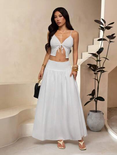 SHEIN PETITE Chân váy dài nữ màu trơn, cạp cao, co giãn, thích hợp mặc mùa đông, váy dài, váy mùa thu, váy đi chơi, váy mùa thu cho nữ, váy dự tiệc, váy trắng, trang phục tốt nghiệp cho nữ, váy công sở thường ngày, váy mùa xuân.