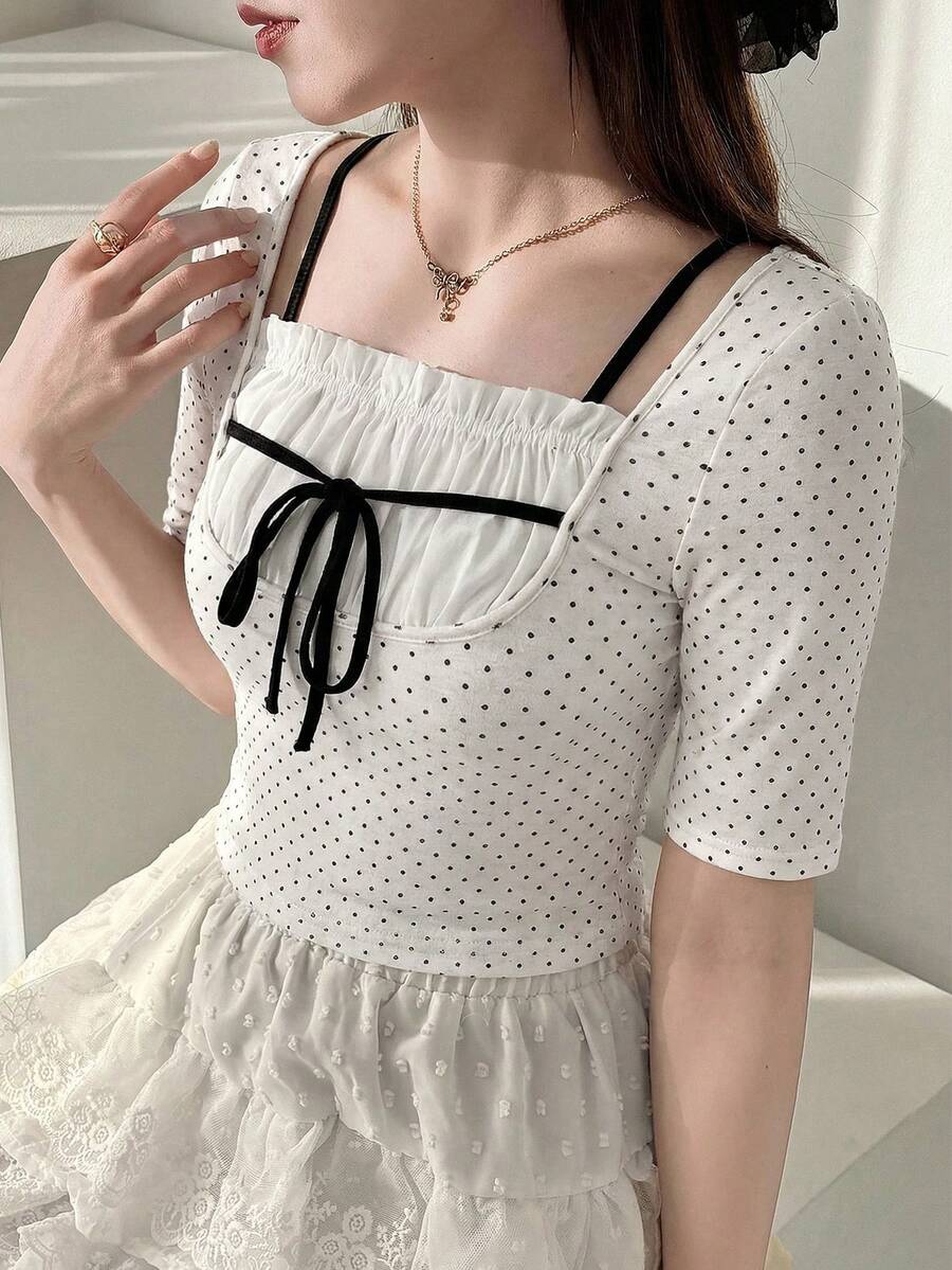 FRIFUL 2-In-1 Contrast Color Pleated Drawstring Tie Waist Casual Slim Fit T-Shirt Cute Tops - White - View 1