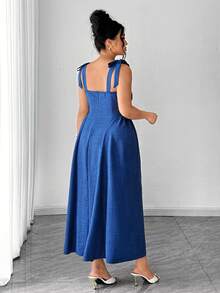 Elenzga 大码女式夏季时尚休闲复古法式优雅通勤系带连衣裙 - 藍色 - 查看 2