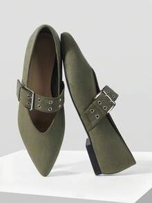 Mnmlis Women's Pointed Corns Buckle Design Fashionable Daily Travel Casual Shoes - Army Green - View 5