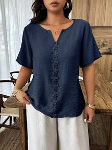 Weeklong Plus Size Women's Spring/Summer Vacation Floral Patchwork Ruffle Trim Loose Short Sleeve Top - Navy Blue - View 5