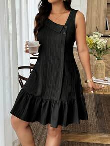 Weeklong Vestido mini de línea A con cuello asimétrico, botones, tela texturizada y volante en el bajo para mujer de talla grande, uso casual y de vacaciones, primavera/verano - Negro - Ver 3