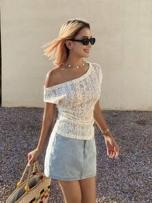 DAZY Áo thun trắng cổ lệch dáng, chất liệu vải dệt họa tiết, kiểu dáng thường ngày, dành cho nữ, thích hợp cho mùa xuân và hè. - trắng - Xem 4