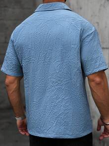 SLATEMANN Camisa casual de manga corta con cremallera y textura de unicolor para hombres, de verano - Neblina azul - Ver 2