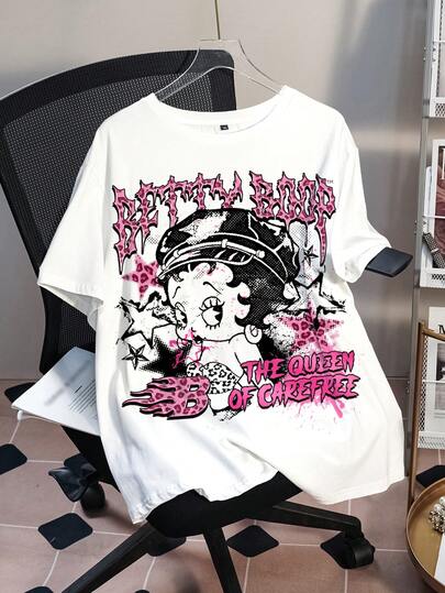 Betty Boop x SHEIN Áo thun nữ cỡ lớn cổ tròn tay ngắn, in họa tiết, đa năng cho cả mặc hàng ngày và ngoài trời.