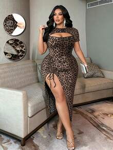NU&NOW Plus Size Women Leopard Print Knit Midi Dress,Brown,Autumn,70's,Night Out Club,Party,Hollow-Out Front,Metal Eyelet,High Slit Drawstring Bodycon - Multicolor - View 2