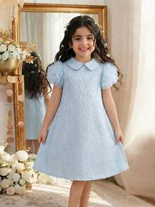 Elladie kids 少女夏季新款宽松版型连衣裙，小翻领，泡泡袖，3D网纱设计，水滴形露背领口，直筒廓形，简约时尚，优雅公主风连衣裙 - 藍色 - 查看 10