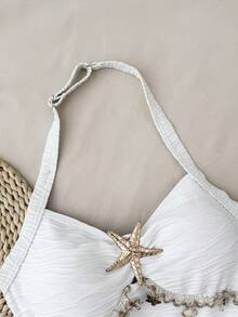 SHEIN Traje de baño de una pieza para adolescentes, mono de textura de punto blanco con escote en V de atar, hebilla metálica floral para vacaciones - Albaricoque - Ver 4