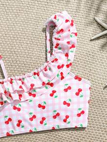 SHEIN Tween Girls Bikini Sets, Blue & White Striped Cute Ruffled Asymmetric Shoulder Adjustable Strap Ruffled Hem Triangle Swimsuit Two Pieces Swimwear Set - Multicolor - View 5