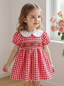 SHEIN Vestido casual de niña con cuello Peter Pan, mangas de pétalo y pliegues a cuadros para uso diario y reuniones - Rojo - Ver 3