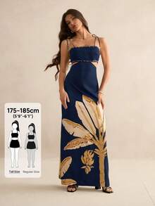 SHEIN Tall 女式波西米亚风香蕉树印花镂空腰后绑带无袖黑色连衣裙，假日休闲夏装 - 藏蓝色 - 查看 8