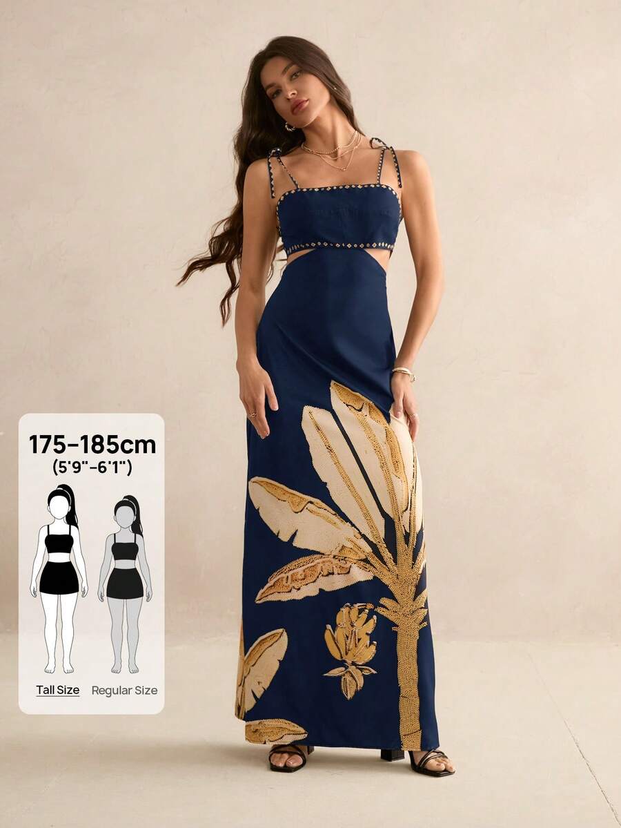 SHEIN Tall 女式波西米亚风香蕉树印花镂空腰后绑带无袖黑色连衣裙，假日休闲夏装 - 藏蓝色 - 查看 1