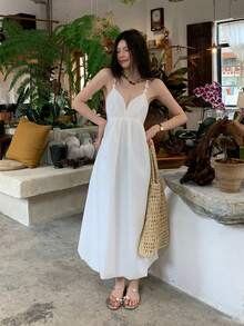 女士度假韩版纯色系带优雅休闲连衣裙 - 白色 - 查看 2