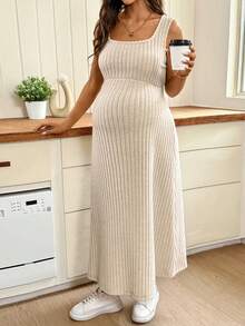 SHEIN Maternity Solid Color Ribbed Sleeveless Casual Dress - Khaki - View 7