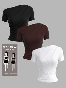 SHEIN Tall 3件套女士休闲纯色不对称领口褶皱T恤，黑色+棕色+白色，夏季 - 彩色 - 查看 14