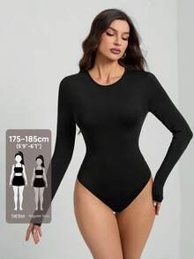SHEIN Tall Solid Color Long Sleeve Slim Fit Black Bodysuit - Black - View 8