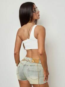 INAWLY Solva Women's Rave Chain Decor One Shoulder Super Short Crop Top Club White Summer - White - View 2