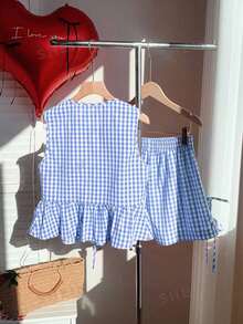 Comfortcana Conjunto de 2 piezas de camiseta de tirantes y pantalones cortos a cuadros azules para mujer, para el Día de San Valentín - Azul - Ver 2