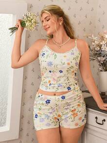 CottageSlumber Conjunto de pijama corto y ajustado con diseño de volantes laterales, encaje y estampado floral romántico para mujeres de talla grande - Multicolor - Ver 1
