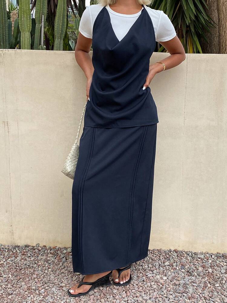 Women's Solid Color Halter Tie Back Sleeveless Top And Pleated Long Skirt Casual Summer 2-Piece Set