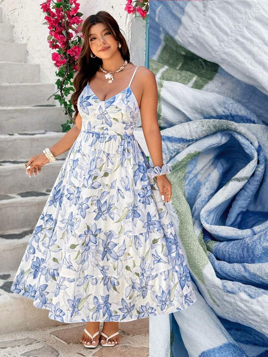 Vionelle 大码女装夏季纯色多层荷叶边长款吊带连衣裙 Maxi 女装套装 - 藍色 - 查看 1