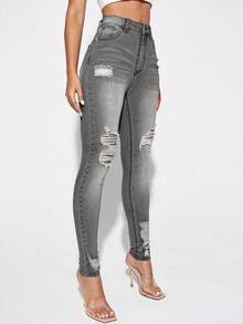 SHEIN ICON Women's Casual Skinny Jeans With Ripped Pockets And Holes - Light Grey - View 5