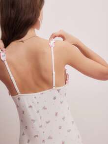 Women's Ditsy Floral Ruffle Strap Romper Pajama Bridallingerie - White - View 2