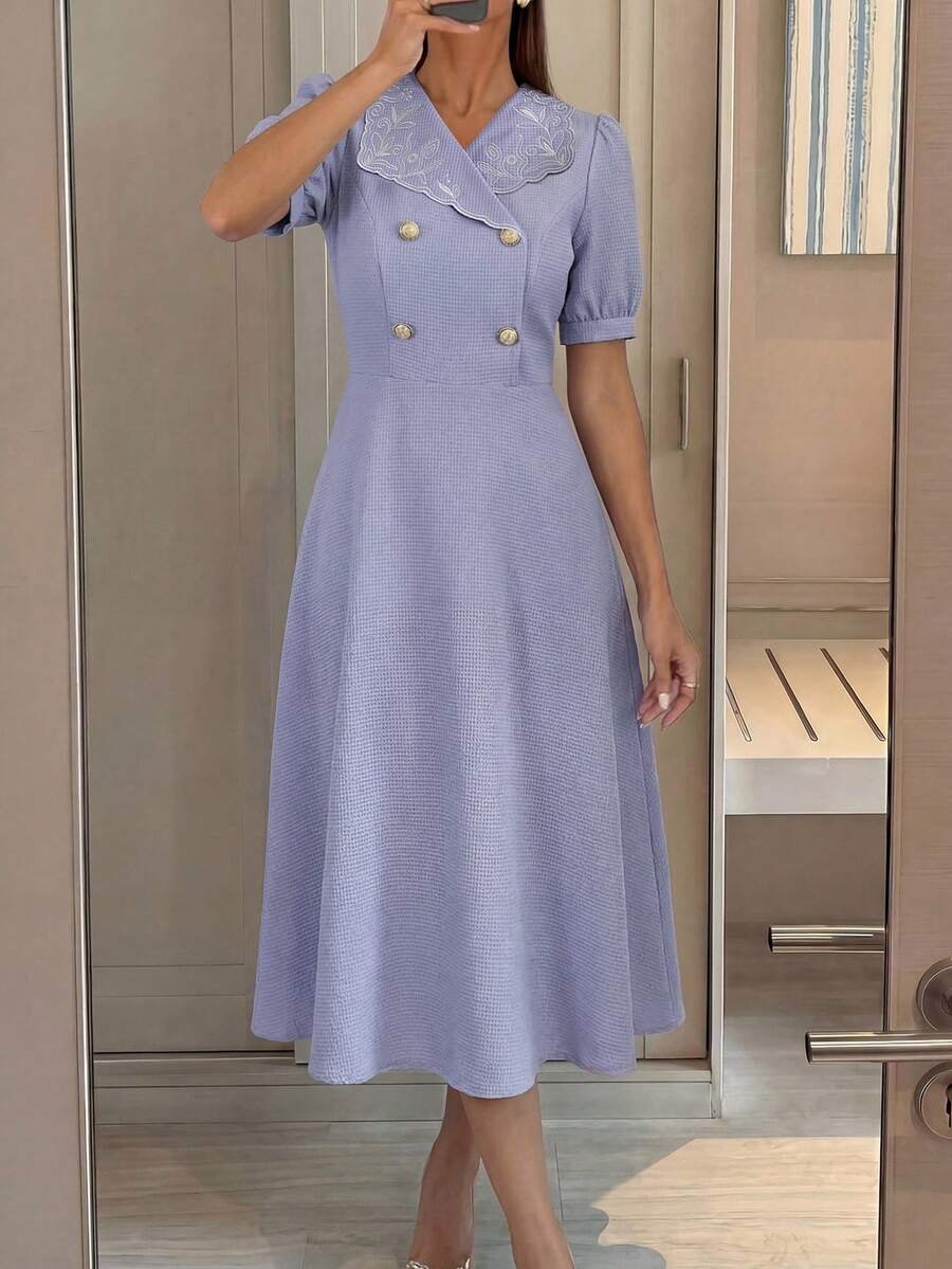 Modelyn Women's Floral Embroidered Double-Breasted Puff Sleeve Midi Dress - Purple - View 1