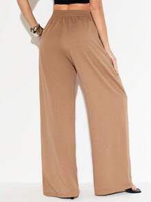 Femmeiva Women's Casual Girlisim Sports Solid Color Elastic Waist Slant Pocket Sweatpants Golf Pastal Summer - Brown - View 2