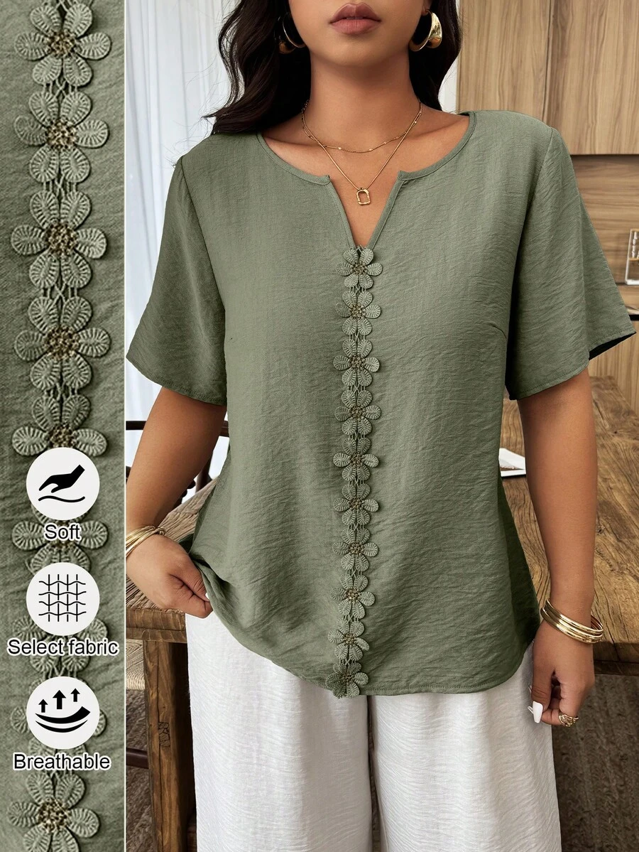 Weeklong Blusa holgada de manga corta con estampado floral, parches y volantes para mujer talla grande, ideal para vacaciones de primavera/verano - Verde militar - Ver 1