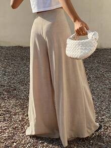 DAZY 女士褶裥休闲裤，宽松直筒垂坠长裤，百搭白色阔腿裤，适合春夏穿着 - 杏色 - 查看 2