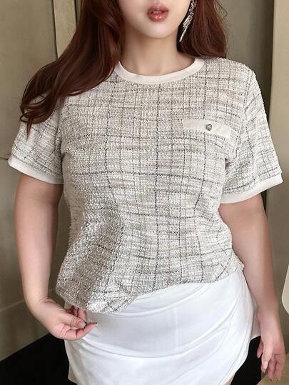 Dazy Plus Camiseta de manga corta holgada de cuello redondo elegante, versátil para mujer talla grande, primavera/verano