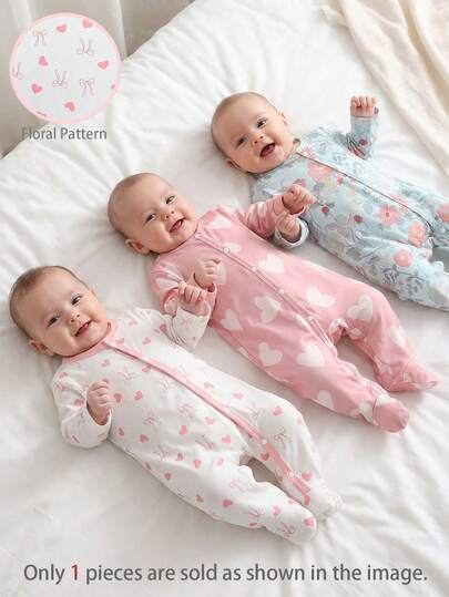 SHEIN Bộ áo liền quần dài tay cổ tròn in hình nơ dễ thương cho bé gái sơ sinh, chất liệu mềm mại, thoải mái, thích hợp làm trang phục và quà tặng ngày Valentine.