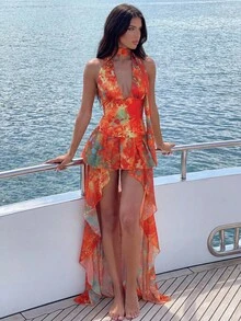 Bonvoyette 夏季新款性感吊带露背镂空吊带背心和浪漫印花荷叶边不对称长裙两件套 - 彩色 - 查看 1