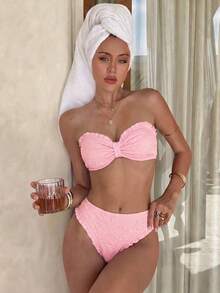 Swim Mod Women's Elegant Pink Two Pieces Bikini Set,Textured Floral Ruffled Halter Bandeau Top & High-Cut Bottoms,Summer Beach Party Holiday Beachwear,Holiday - Pink - View 5