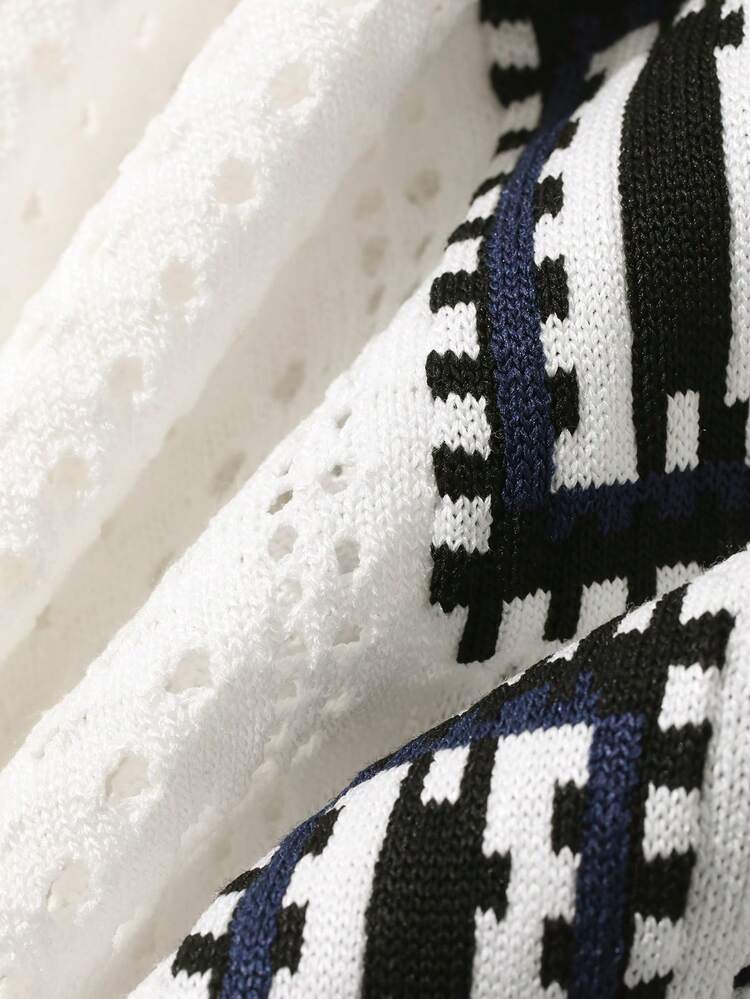 Men's Hollow-Out Design Colorful Cardigan Short Sleeve Knit Top, Summer