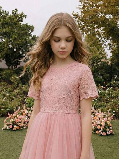 Vestido corto de manga corta con cuello alto de encaje y contraste de malla, elegante y juguetón para niñas, adecuado para bodas, fiestas, cumpleaños, banquetes, todas las estaciones
