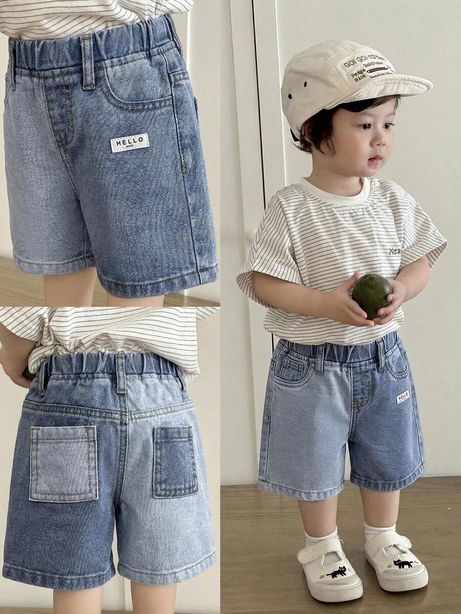 SHEIN Quần short denim màu xanh dương cho bé trai - Màu xanh lam - Xem 1