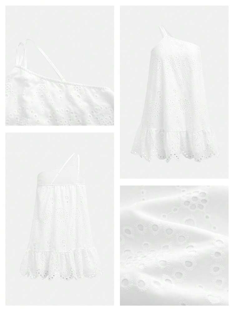 SHEIN Maija Women's Casual Solid Color Hollow Embroidery Sleeveless Mini Dress For Vacation,White Dress,Festival Outfits ,Summer Holiday Outfits,Beach Outfit For Women,Summer Dresses For Women