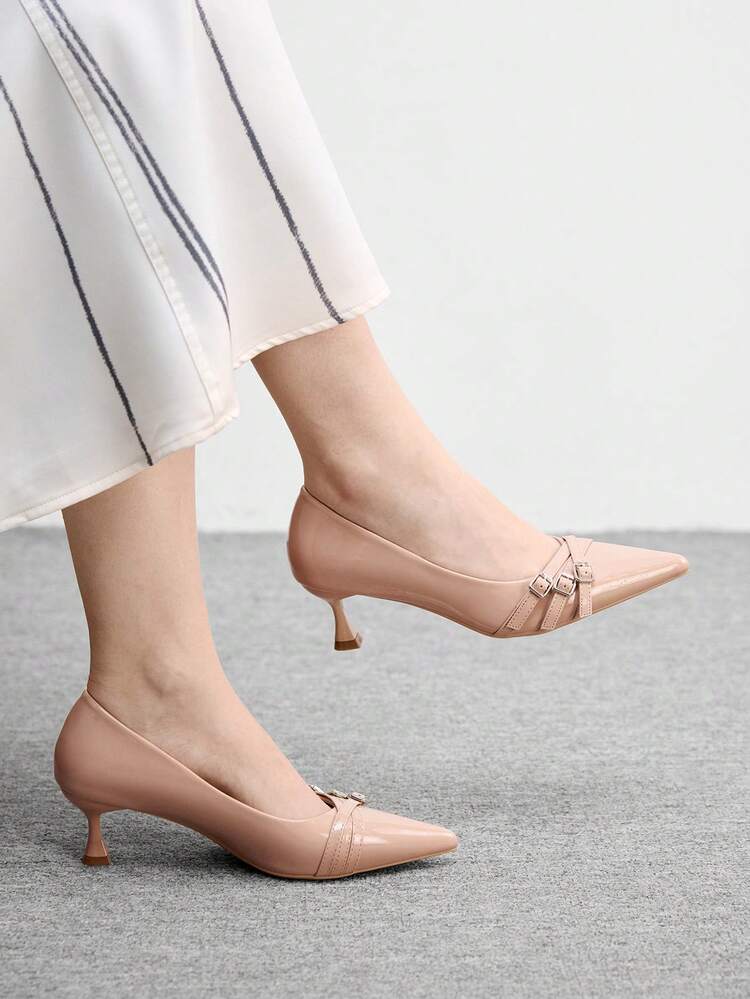 CUCCOO BIZCHIC Women Shoes Women's Pointed Kitten With Apricot Multi-Strips Crossed Low Vamp Daily Commute Versatile To Work Slip-On Women's High Heels Shoes Women's Shoes