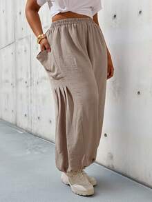 SHEIN Slayr Women's Flowy High Waist Parachute Jogger Pants With Cuffed Bottoms, Comfortable Loose Fit Loungewear, Brown Working Pants Yoga Wrap Around Pants Women's Trousers Summer Women's Summer Outfits Pants With Skirt Attached - Coffee Brown - View 7