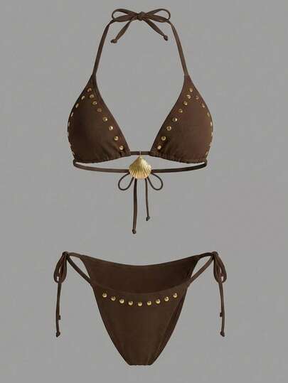 Opulessa Women's Summer Beach Metal Shell Decor Halter Tie Sexy Bikini Swimsuit Set,Summer,Festival,Party ,Cute,Beach,Casual,Vacation,Holiday,Summer Outfits,Spring Outfit Women ,Beach Outfit For Women,Beach Outfits For Women,Beach Outfit,Beach Outfits,Vacation Outfits Women,Holiday Outfits For Women,Summer Holiday Outfits,Holiday Outfits,Vacation Outfits For Women,Beach Vacation Outfits For Wome,Y2k Y2K,Country,Country Concert Outfit,Country Style For Women,Country Outfits For Women,Tropical, Mermaid, Bohemian, Ibiza, Western