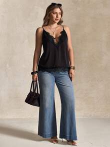 Elegantrix Áo hai dây ren màu mơ, áo thời trang cỡ lớn dành cho nữ. - màu đen - Xem 5