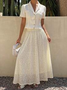 DAZY Spring Summer Elegant Short Sleeve Top And High Waist Embroidered Skirt 2 Pieces Set For Women Lounge Sets Tea Party White - Beige - View 3