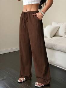 Flirla Tall Women's Pants, Textured Fabric, Waist Tie Fall Cloth For Women - Brown - View 5