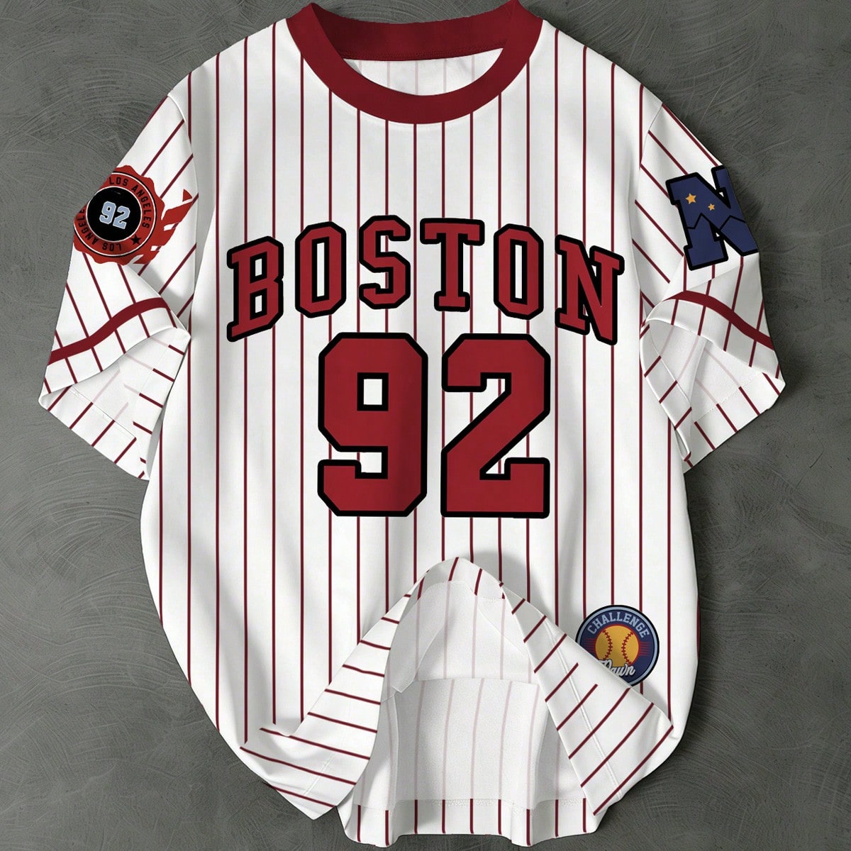 Camiseta casual de cuello redondo de estilo de béisbol americano retro con rayas de contraste burdeos 92 N-League para hombre